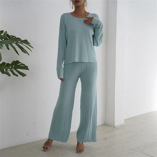Damen lässiges und elegantes Strick-Loungewear-Set mit weitem Bein und feinen Rippenstrukturen R&B
