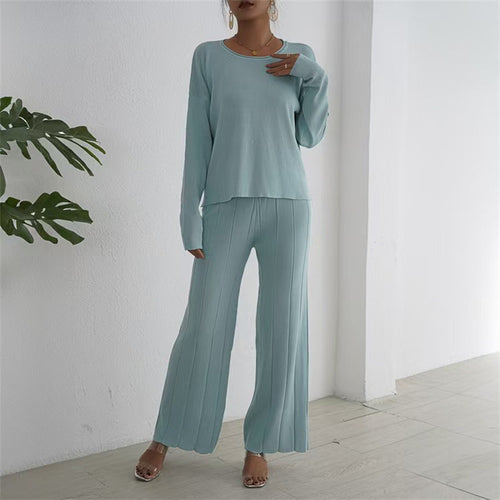 Damen lässiges und elegantes Strick-Loungewear-Set mit weitem Bein und feinen Rippenstrukturen R&B