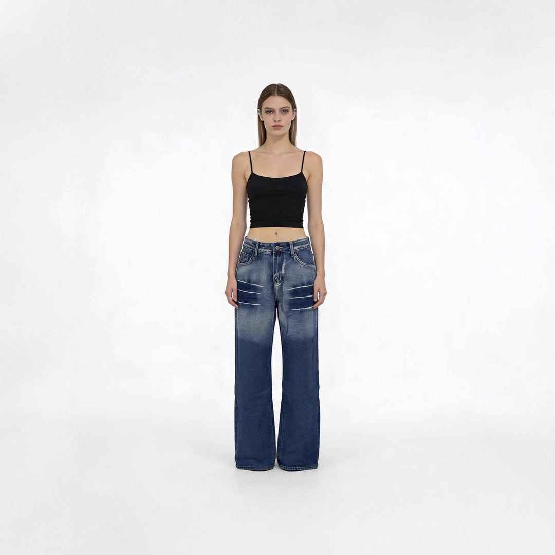 Damen weite hochgeschnittene Jeans mit besonderem Waschungseffekt R&B