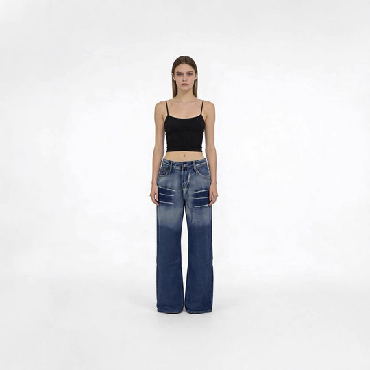 Damen weite hochgeschnittene Jeans mit besonderem Waschungseffekt R&B