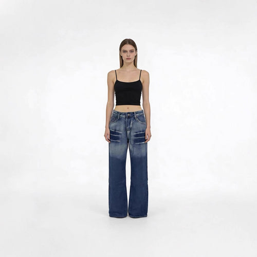 Damen weite hochgeschnittene Jeans mit besonderem Waschungseffekt R&B