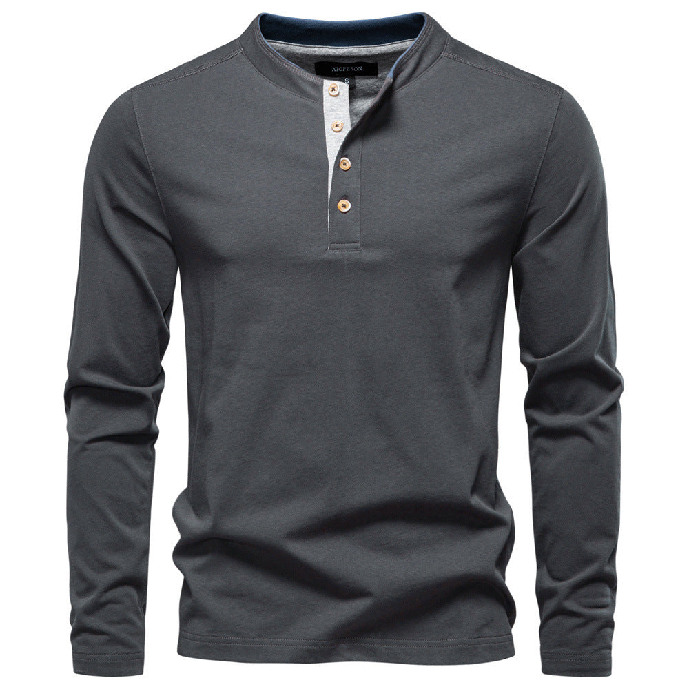 Herren nan legeres Baumwoll-Langarmshirt mit kurzer Knopfleiste und Stehkragen R&B