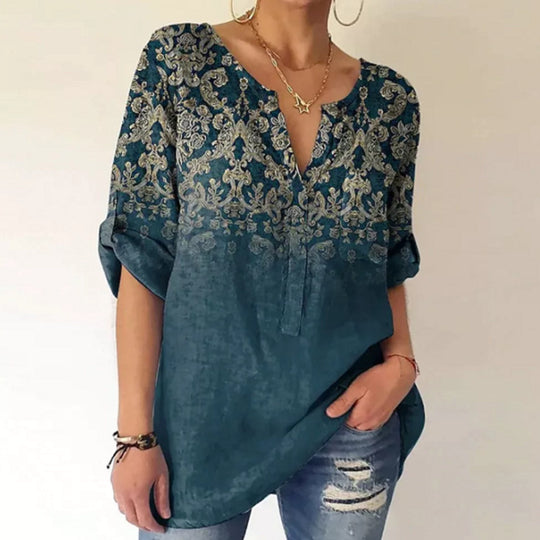Damen nan V-Ausschnitt-Tunika im Leinenlook mit ornamentalem Bordürenprint, krempelbaren Ärmeln und gerundetem Saum R&B