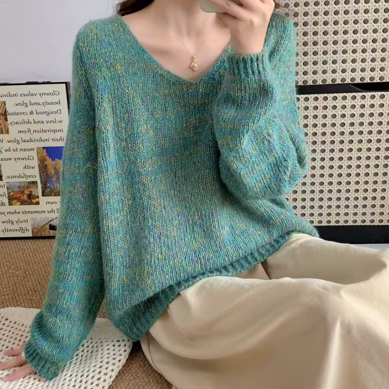 Damen leichter Strickpullover mit V-Ausschnitt und voluminösen Ärmeln R&B