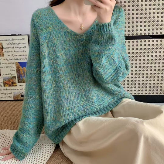 Damen leichter Strickpullover mit V-Ausschnitt und voluminösen Ärmeln R&B
