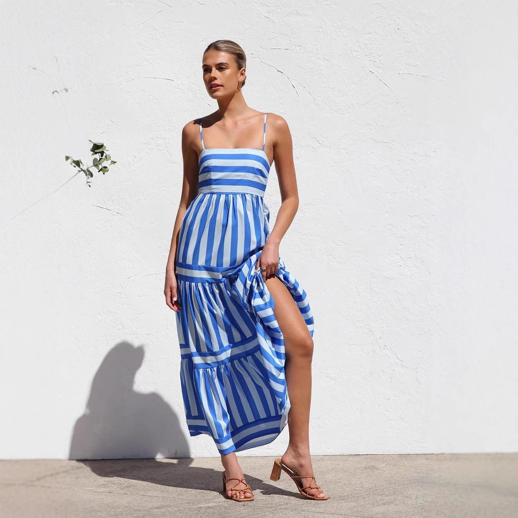 Damen Maxikleid mit Streifenmuster und fließendem Rock R&B