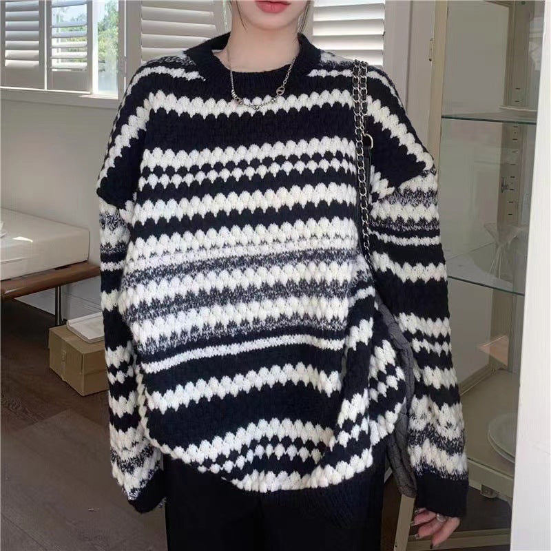 Damen gemusterter Strickpullover mit strukturiertem Gewebe und lässigem Schnitt R&B