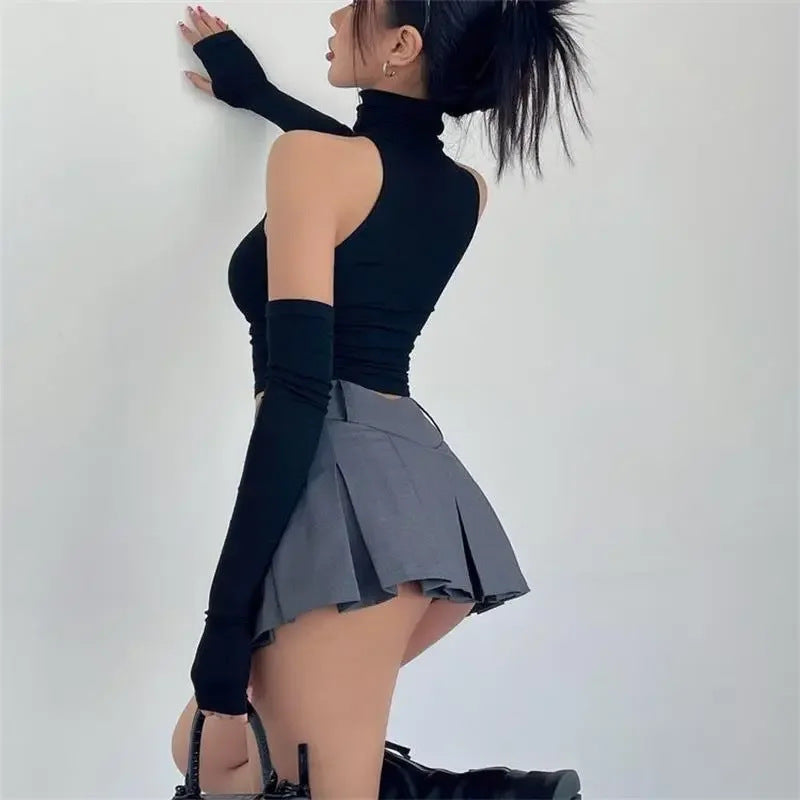 Damen Langarm Crop-Top mit Stehkragen und figurbetontem Schnitt R&B