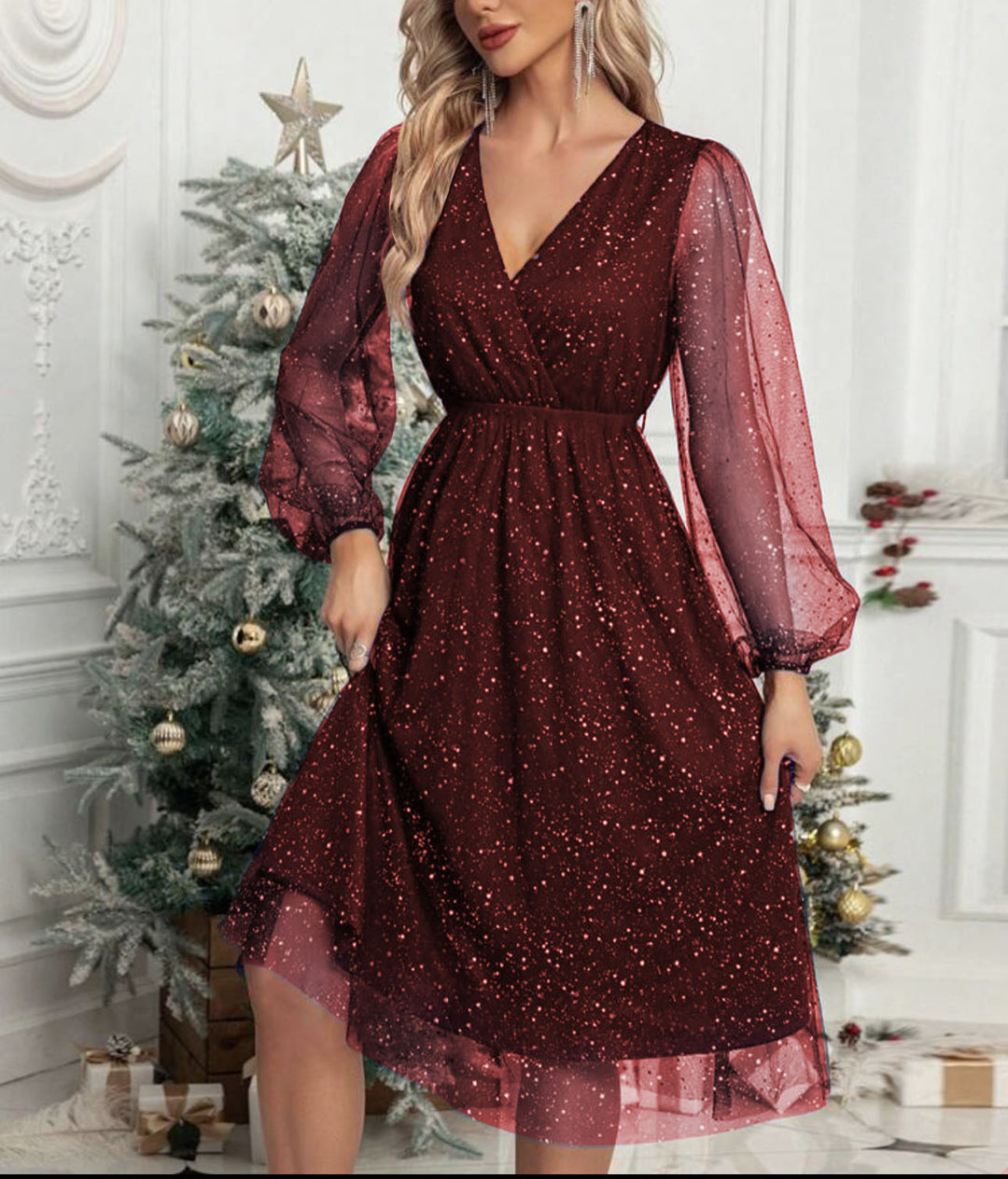 Damen Glamouröses Midikleid mit transparenten Puffärmeln und schimmerndem Paillettenmuster R&B