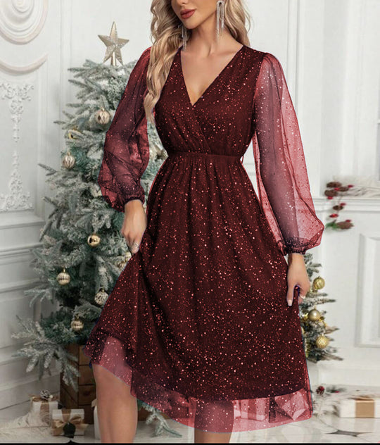 Damen Glamouröses Midikleid mit transparenten Puffärmeln und schimmerndem Paillettenmuster R&B