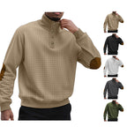 Herren nan kariertes Stepp-Sweatshirt mit Henley-Blende hohem Stehkragen und Velours-Ellenbogenpatch R&B