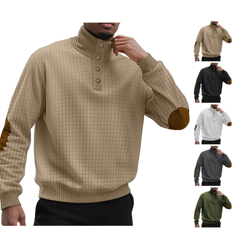 Herren nan kariertes Stepp-Sweatshirt mit Henley-Blende hohem Stehkragen und Velours-Ellenbogenpatch R&B