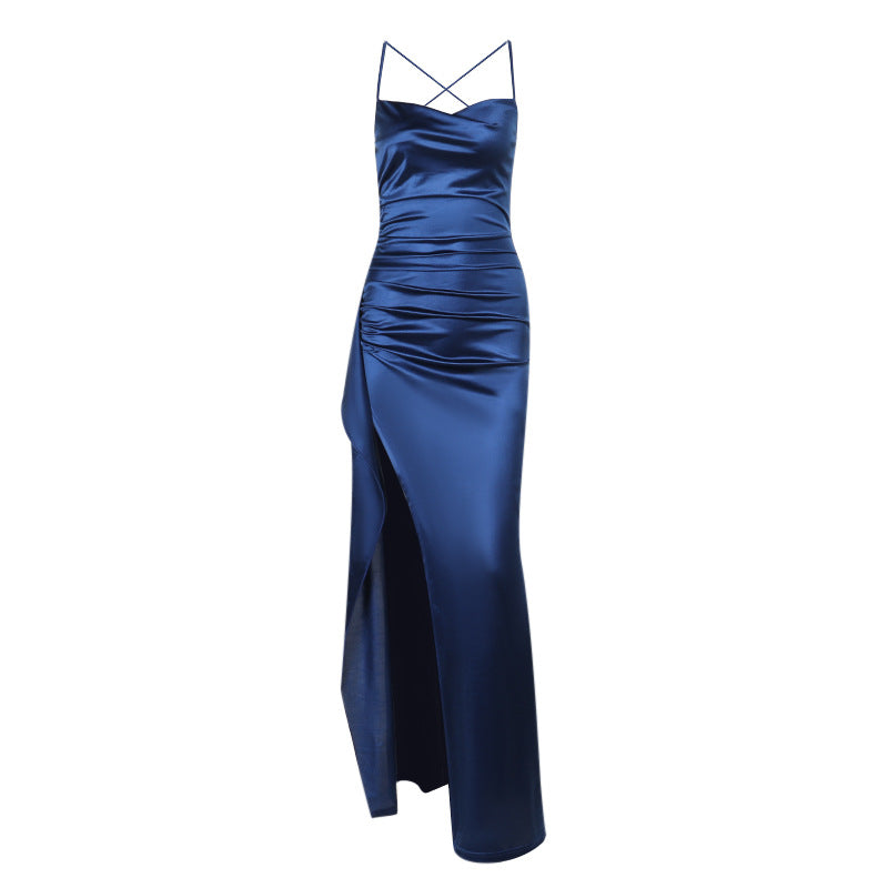 Damen elegantes Satin-Kleid mit tiefem Schlitz und verstellbaren Spaghetti-Trägern R&B