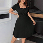 Damen elegant geschnittenes A-Linien Kleid mit geschmackvollem Quadrat-Ausschnitt und voluminösen Ärmeln R&B