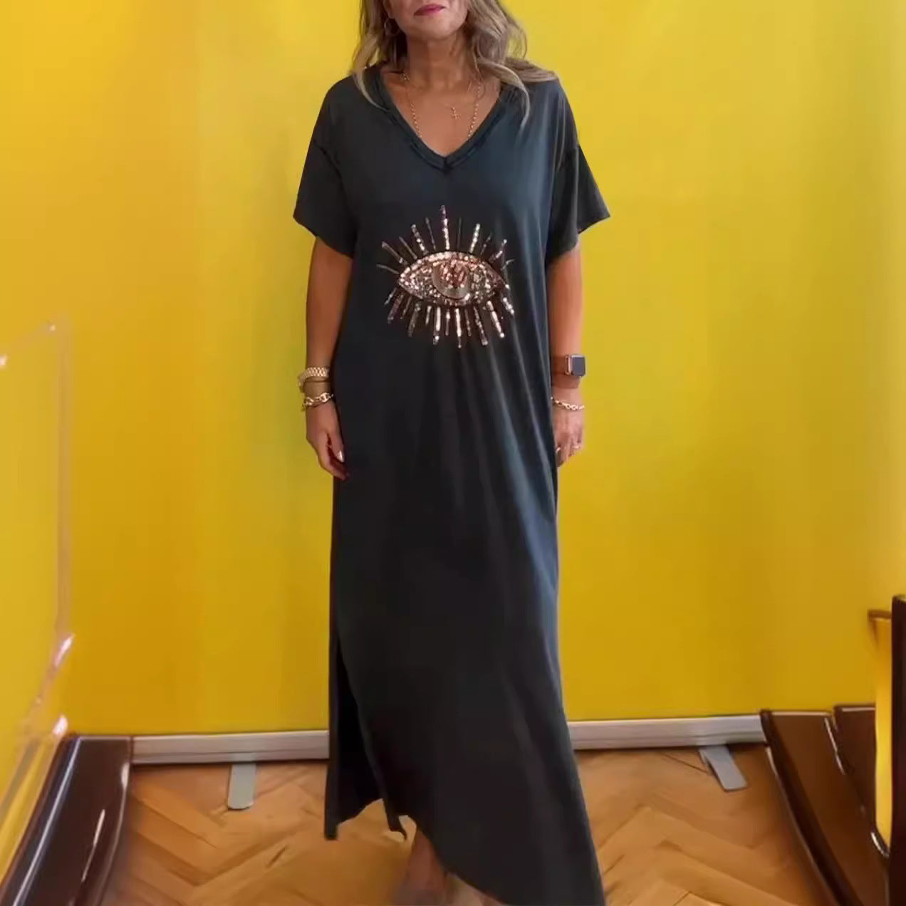 Damen strandliches Maxikleid mit funkelndem Augendesign R&B