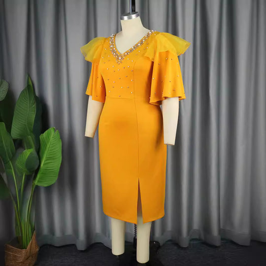 Damen elegantes Schimmerndes Midi-Kleid mit Volantrüsche und Glamourösen Akzenten R&B