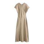 Damen elegantes Maxikleid mit fließendem Schnitt und modernem V-Ausschnitt R&B