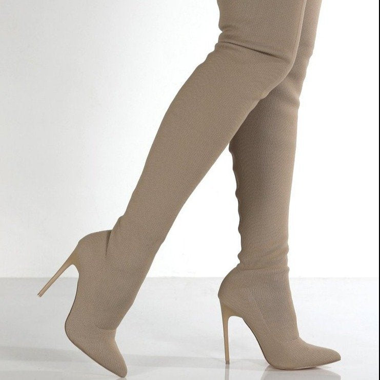 Damen Overknee Stiefel mit Elegantem Absatz und Hochwertiger Strickstruktur R&B