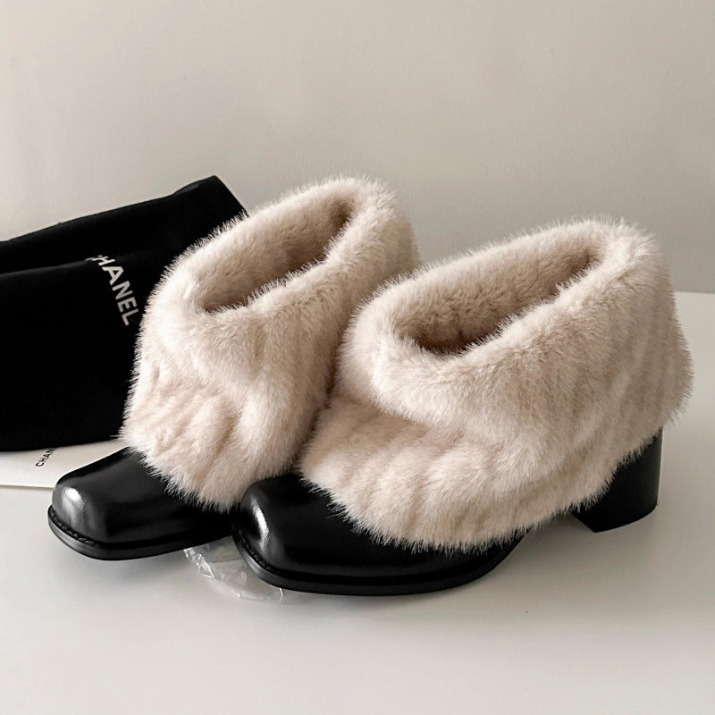 Damen Elegante Stiefeletten mit luxuriösem Kunstfellkragen und bequemem Blockabsatz R&B