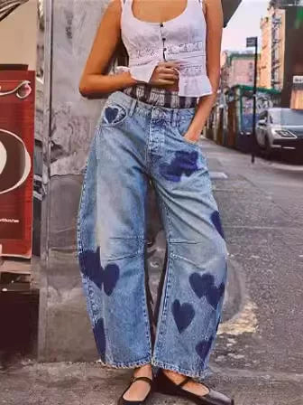 Damen Verspielte Herz-Sprayprint Denim Baggy-Jeans