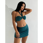 Damen Bandeau Bikini mit glitzerndem Oberteil und figurumspielendem Miniröckchen R&B