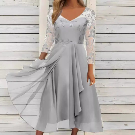 Damen nan V-Ausschnitt Chiffon-Midikleid mit besticktem Bustier, transparenten dreiviertel-Ärmeln und asymmetrischem Lagenrock R&B