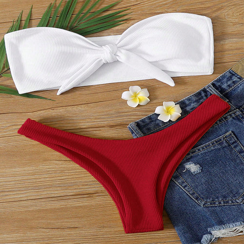 Damen Bandeau-Bikini mit modischem Knoten und hohem Beinausschnitt R&B