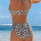 Damen Bandeau-Bikini mit hohem Taillenschnitt und stilvollem Leopardenmuster R&B