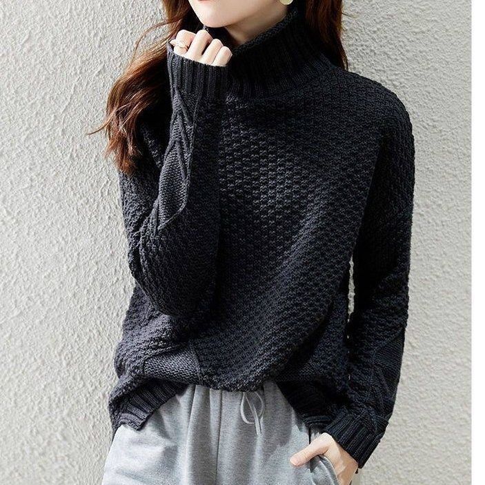 Damen Grobstrickpullover mit hohem Kragen und strukturiertem Design R&B