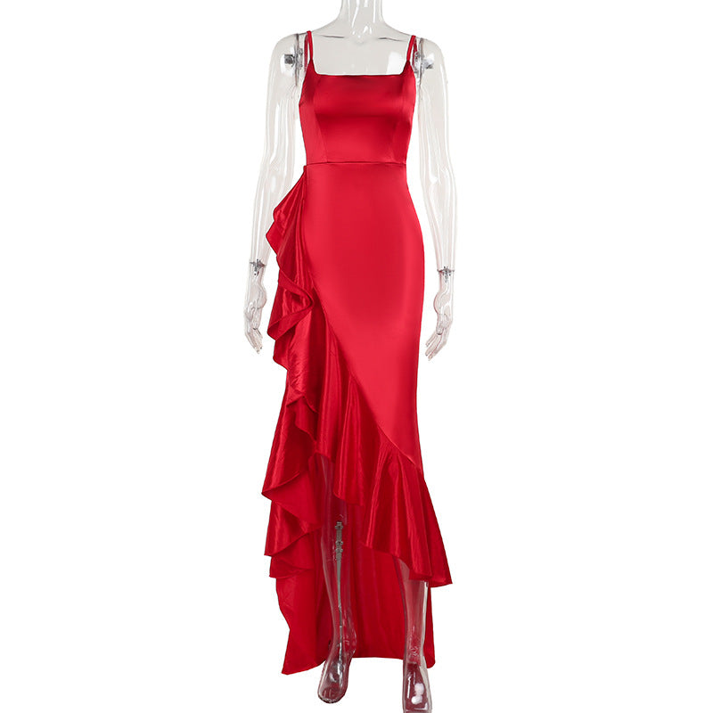 Damen elegantes Maxikleid mit asymmetrischem Rüschensaum und taillierter Silhouette R&B