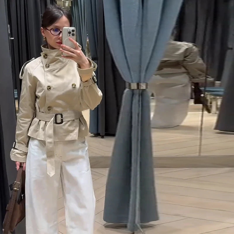 Damen Eleganter Kurz-Trenchcoat mit doppelter Knopfleiste und Taillengürtel R&B