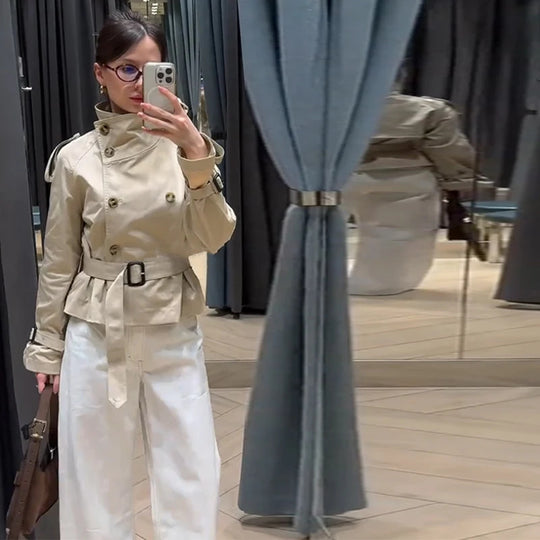 Damen Eleganter Kurz-Trenchcoat mit doppelter Knopfleiste und Taillengürtel R&B