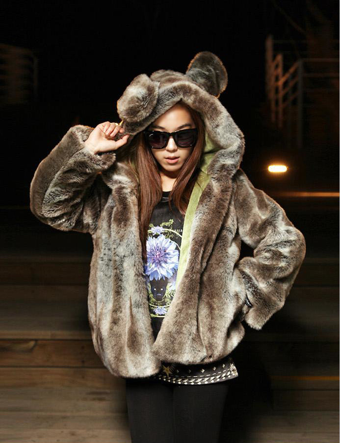Damen Kuschelige Kunstpelzjacke mit verspieltem Ohren-Design