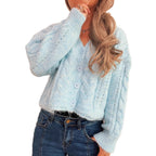 Damen kuschelige Strickjacke mit Zopfmuster und V-Ausschnitt R&B