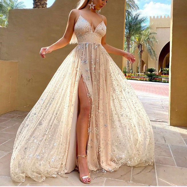 Damen Funkelndes Chiffon Abendkleid mit tiefem Schlitz und transparentem Rock R&B