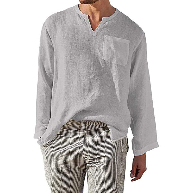 Herren Leinen Langarmshirt mit Henley-Ausschnitt und Brusttasche R&B