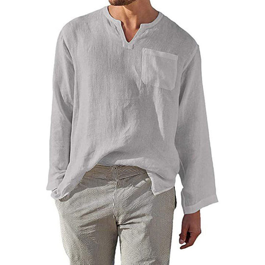 Herren Leinen Langarmshirt mit Henley-Ausschnitt und Brusttasche R&B