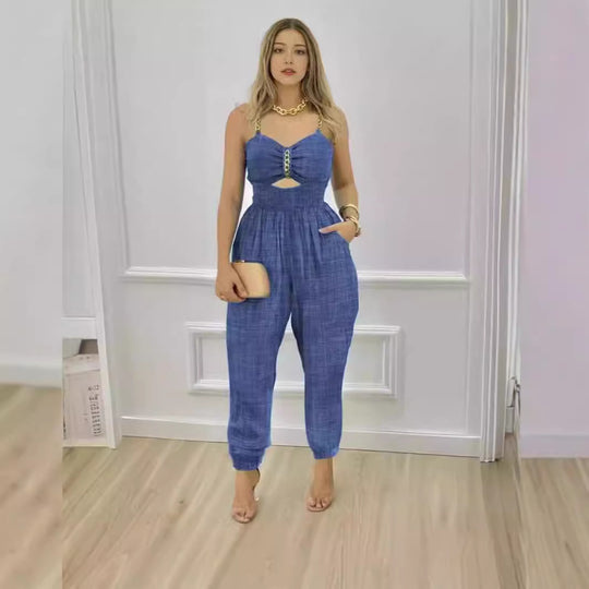 Damen Modischer Jumpsuit mit Cut-Out und dünnen Trägern R&B