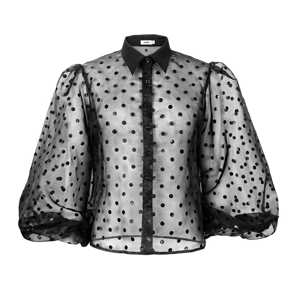 Damen Bluse mit transparenten Puffärmeln und Modellkragen R&B