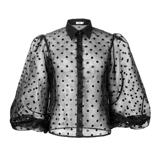 Damen Bluse mit transparenten Puffärmeln und Modellkragen R&B
