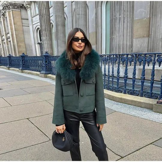 Damen Elegante Wolljacke mit luxuriösem Kunstfellkragen R&B