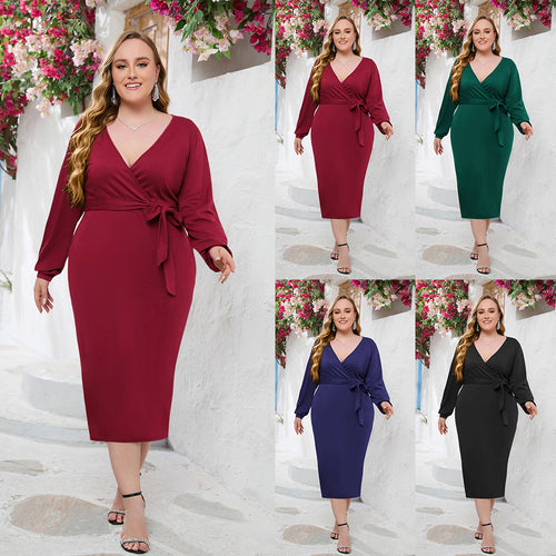 Damen Elegantes Wickelkleid mit taillierter Silhouette und langem Arm R&B