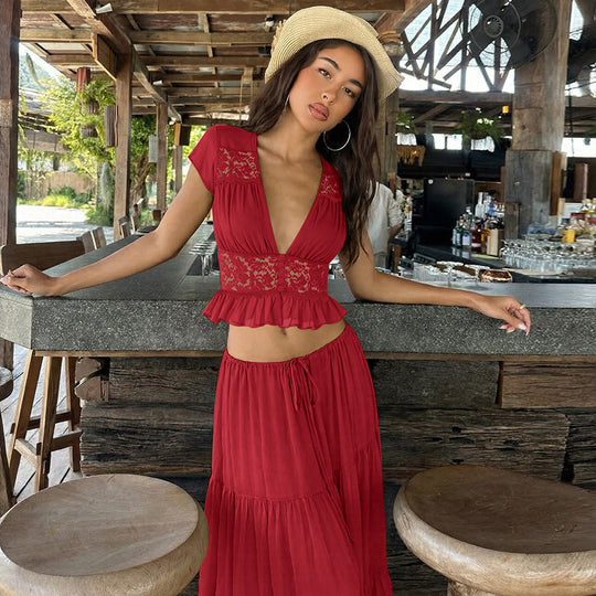 Damen Elegantes Maxikleid mit Spitzenoberteil und fließendem Saum R&B