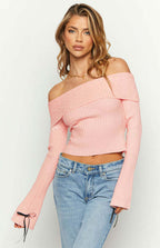 Damen elegantes Off-Shoulder Strickoberteil mit modernem Rippdesign und lässigem Schnitt R&B