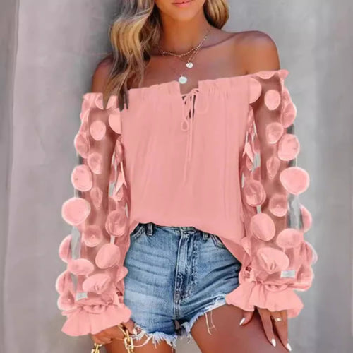 Damen nan schulterfreies Carmen-Top mit transparenten Organza-Ärmeln, kreisförmigen Applikationen und Volantmanschetten R&B