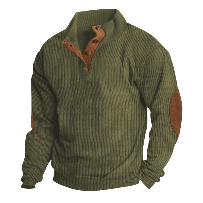 Herren nan gerippter Baumwollmix-Pullover mit Stehkragen, Knopfleiste und Lederoptik-Ellenbogenpatches R&B