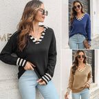 Damen Lässiger Pullover mit V-Ausschnitt und gestreiften Ärmelabschlüssen R&B