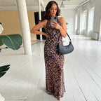 Damen Halsband Leopard Druck Maxikleid
