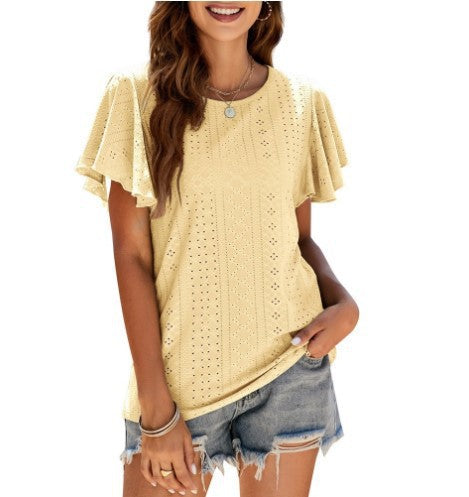 Damen Kurzärmlige Bluse mit Rüschendetails und Lochmuster R&B