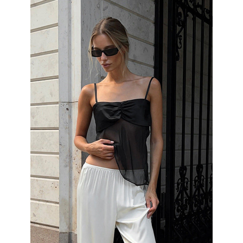 Damen Sexy Trägertop mit transparentem Stoff und raffiniertem Falten-Design R&B